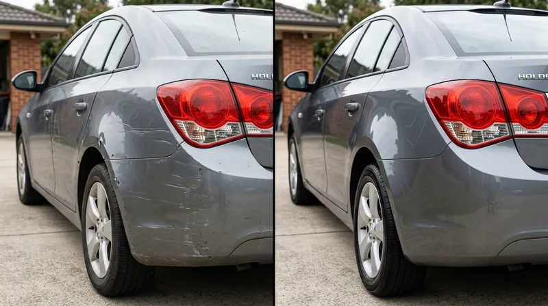 Rear quarter-panel ding on a silver sedan repaired — before and after