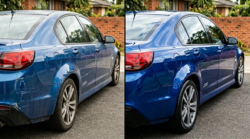 Rear quarter scrape on a blue sedan repaired — before and after